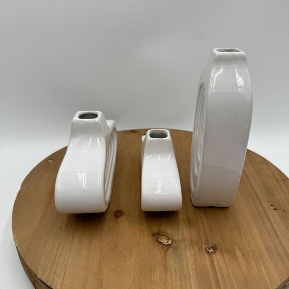 3 Vintage MCM Art Deco Oval Repeating Ring Bud Vases Marked Bottom White *READ* - Picture 4 of 16